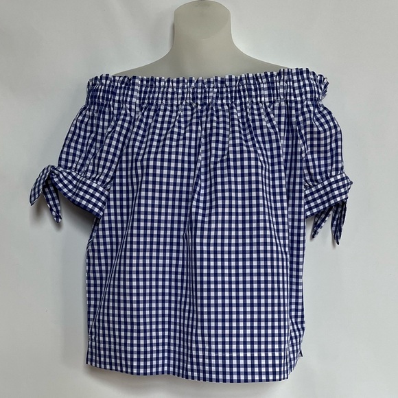 J. Crew Off the Shoulder Gingham Blue White Top Blouse Size 6 - Picture 4 of 15